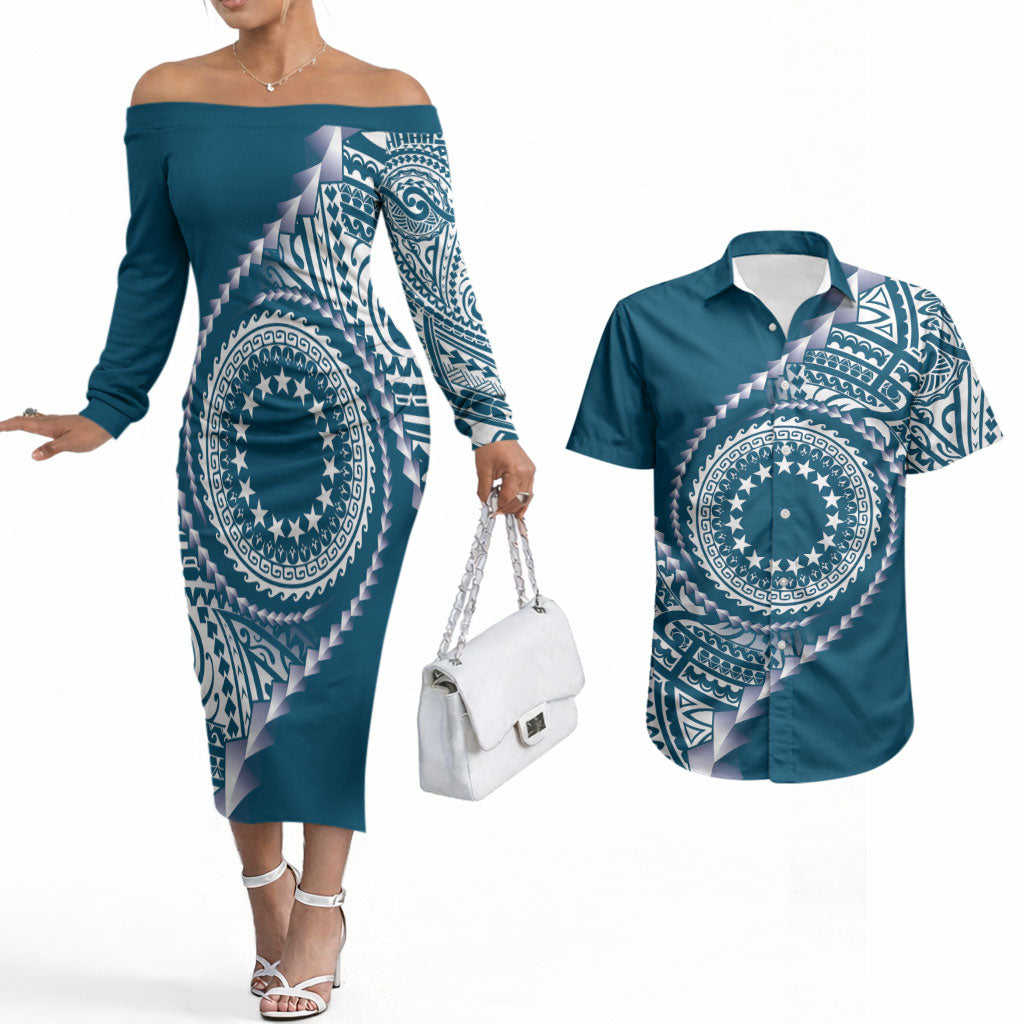 Cook Islands Gospel Day Couples Matching Off The Shoulder Long Sleeve Dress and Hawaiian Shirt Blue Tribal Curves