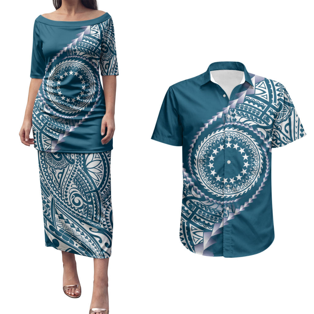 Cook Islands Gospel Day Couples Matching Puletasi and Hawaiian Shirt Blue Tribal Curves