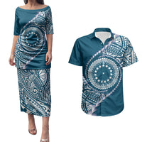 Cook Islands Gospel Day Couples Matching Puletasi and Hawaiian Shirt Blue Tribal Curves
