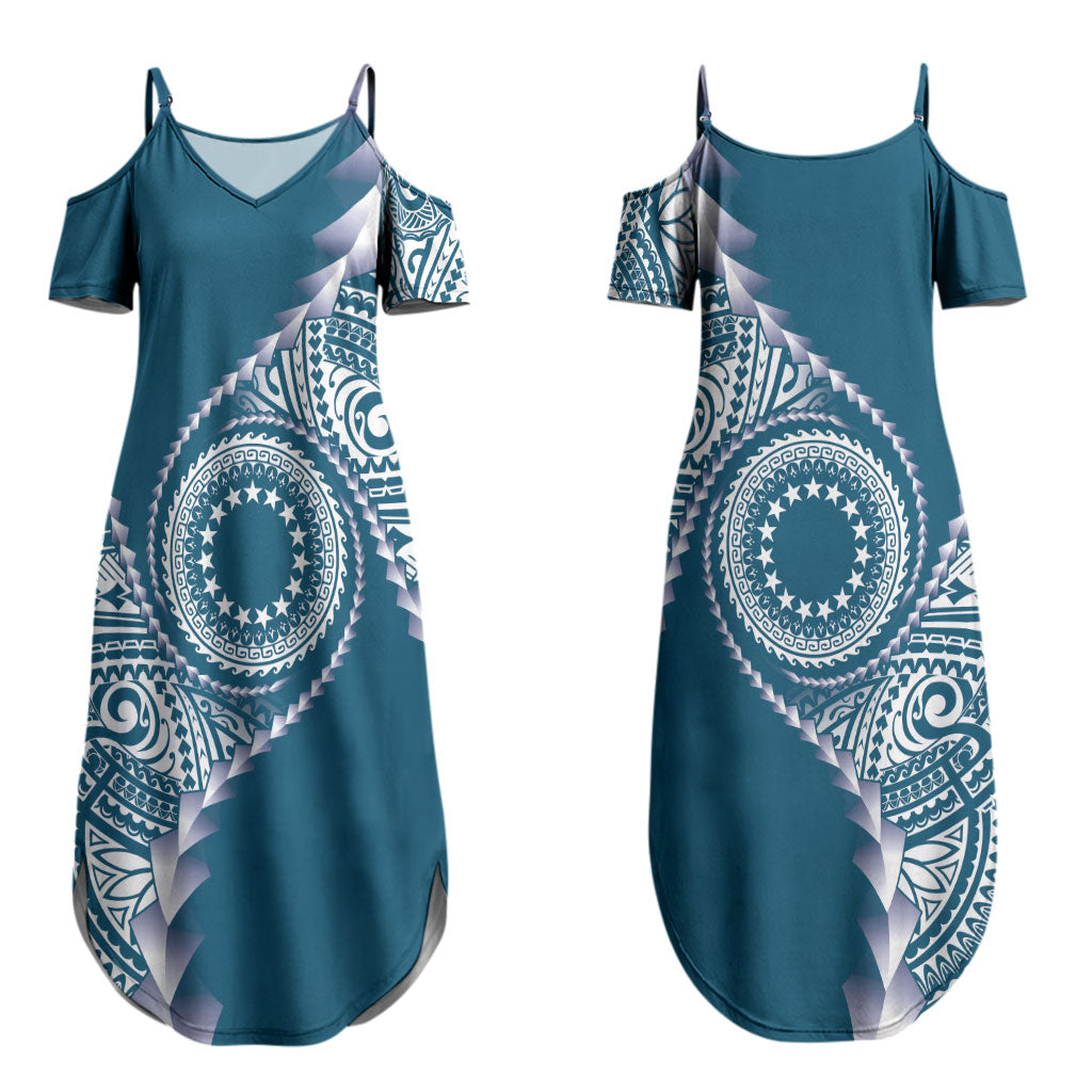 Cook Islands Gospel Day Couples Matching Summer Maxi Dress and Long Sleeve Button Shirt Blue Tribal Curves