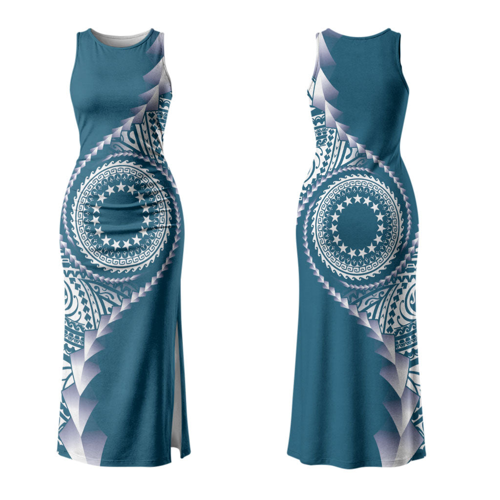 Cook Islands Gospel Day Couples Matching Tank Maxi Dress and Hawaiian Shirt Blue Tribal Curves