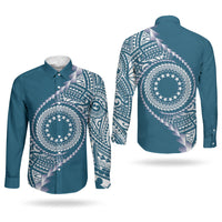 Cook Islands Gospel Day Couples Matching Tank Maxi Dress and Long Sleeve Button Shirt Blue Tribal Curves