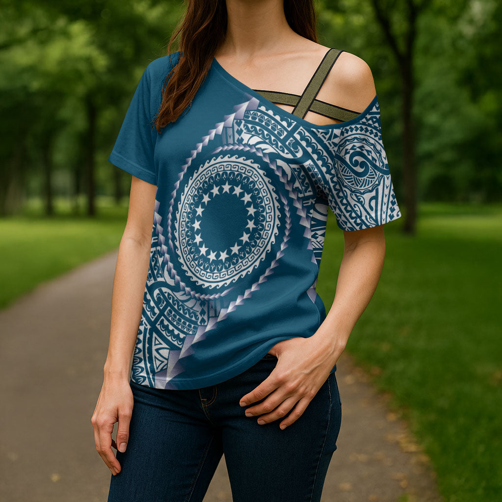 Cook Islands Gospel Day Cross Shoulder Shirt Blue Tribal Curves