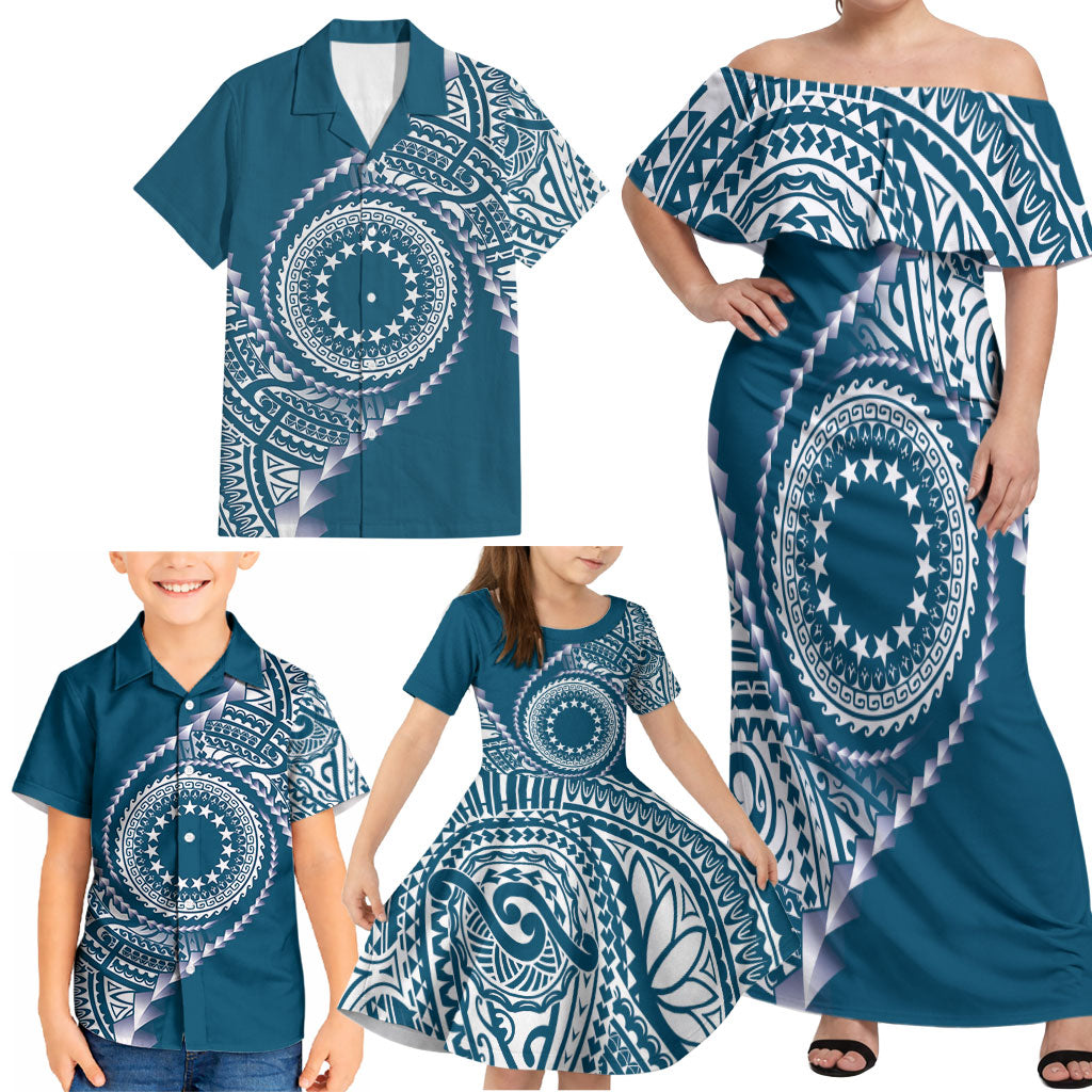 Cook Islands Gospel Day Family Matching Off Shoulder Maxi Dress and Hawaiian Shirt Blue Tribal Curves
