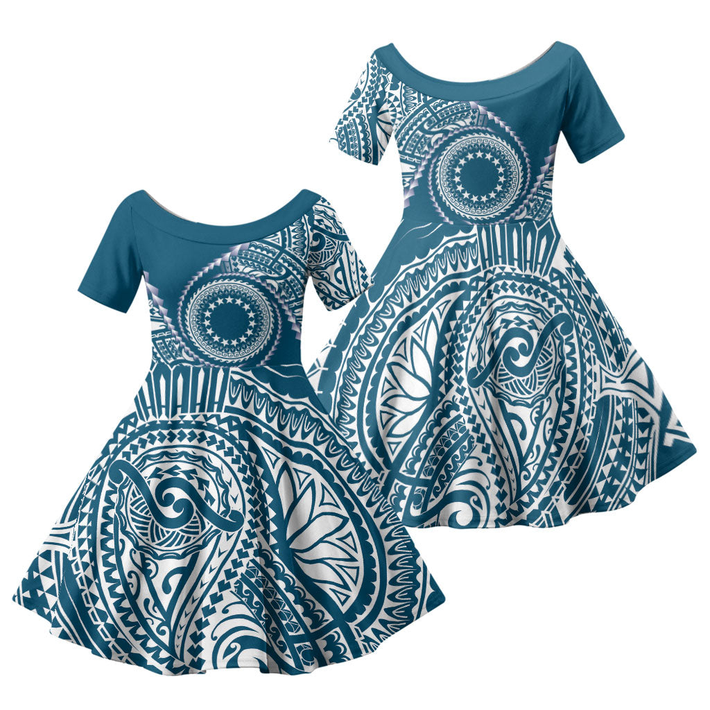 Cook Islands Gospel Day Family Matching Off Shoulder Maxi Dress and Hawaiian Shirt Blue Tribal Curves