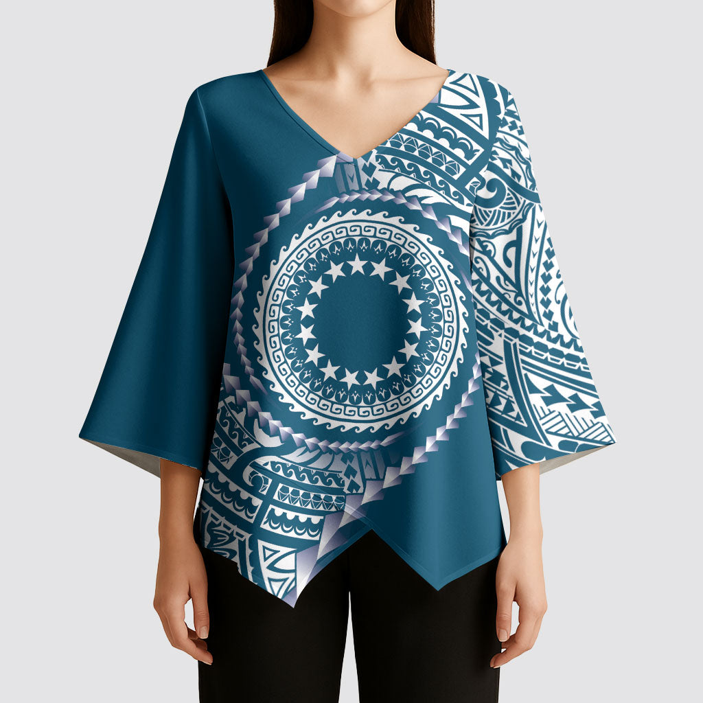 Cook Islands Gospel Day Kimono Sleeve Blouse Blue Tribal Curves