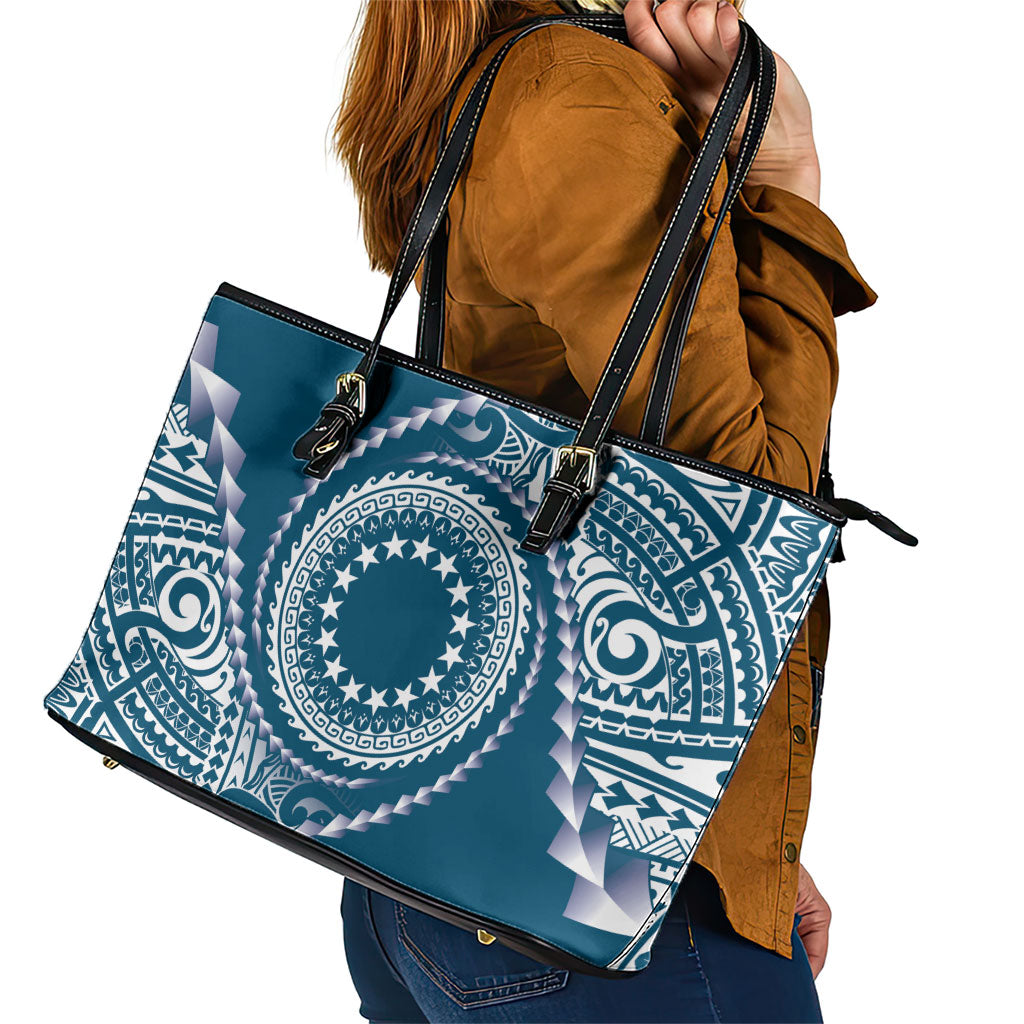Cook Islands Gospel Day Leather Tote Bag Blue Tribal Curves
