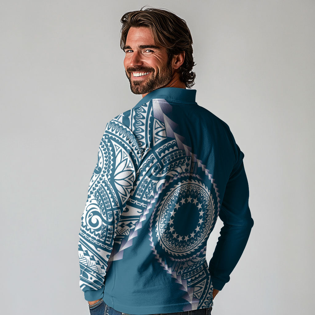 Cook Islands Gospel Day Long Sleeve Polo Shirt Blue Tribal Curves