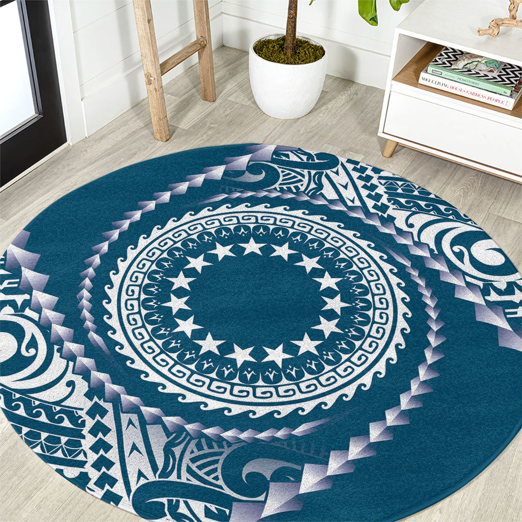 Cook Islands Gospel Day Round Carpet Blue Tribal Curves