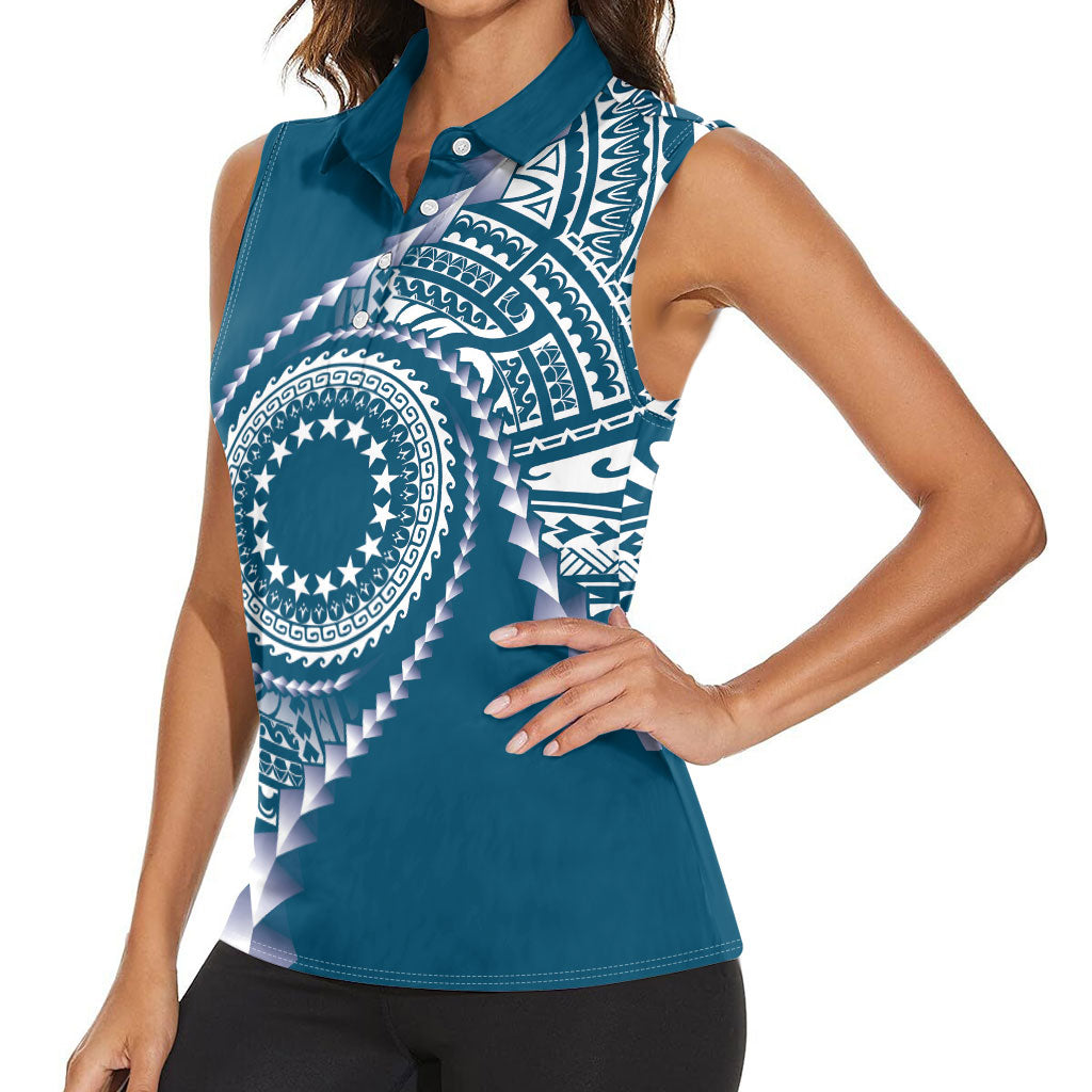 Cook Islands Gospel Day Women Sleeveless Polo Shirt Blue Tribal Curves