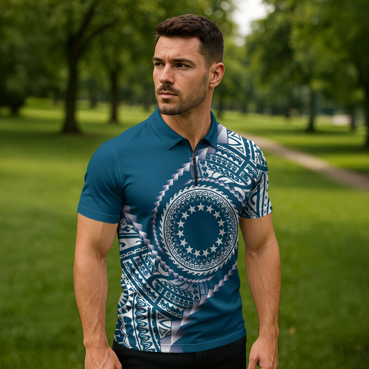 Cook Islands Gospel Day Zipper Polo Shirt Blue Tribal Curves