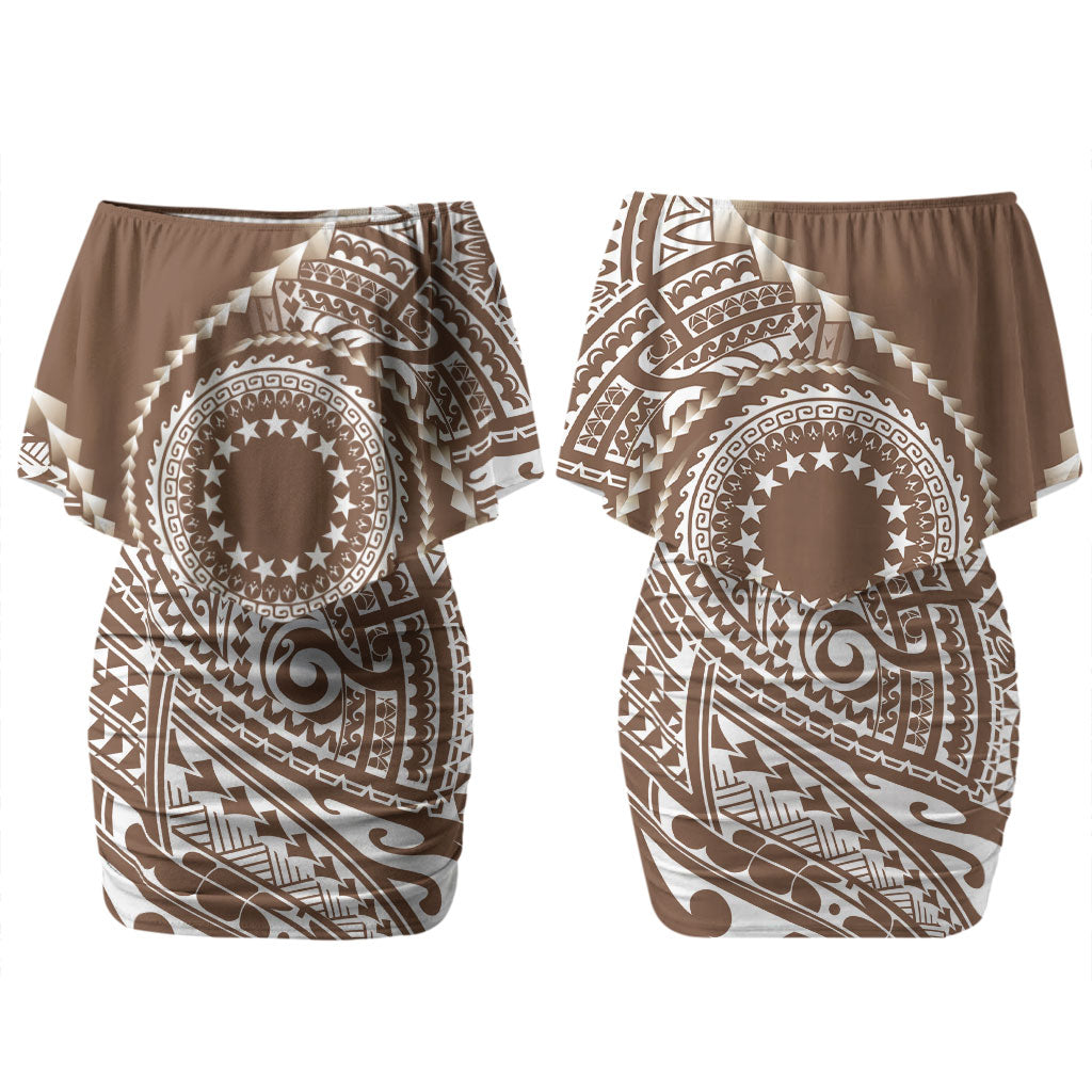 Cook Islands Gospel Day Couples Matching Off Shoulder Short Dress and Long Sleeve Button Shirt Brown Tribal Curves