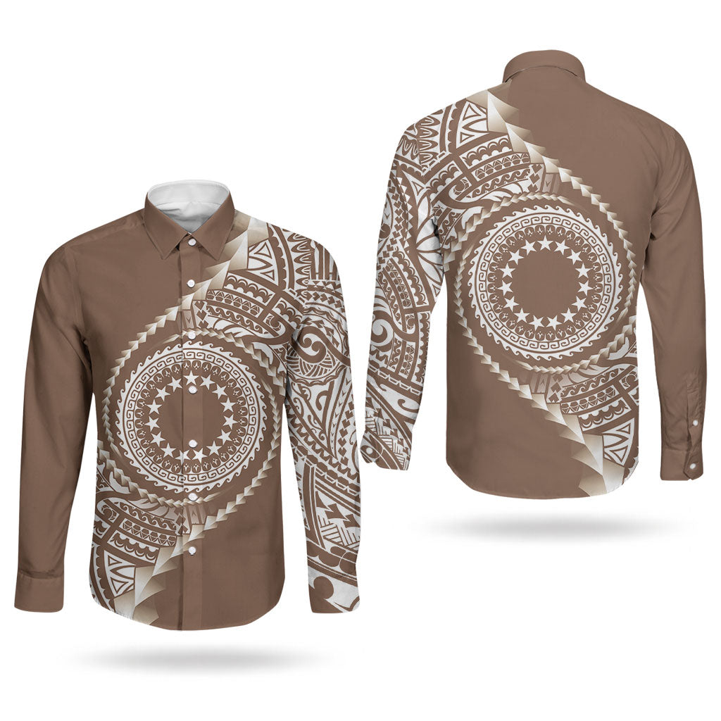 Cook Islands Gospel Day Couples Matching Off The Shoulder Long Sleeve Dress and Long Sleeve Button Shirt Brown Tribal Curves