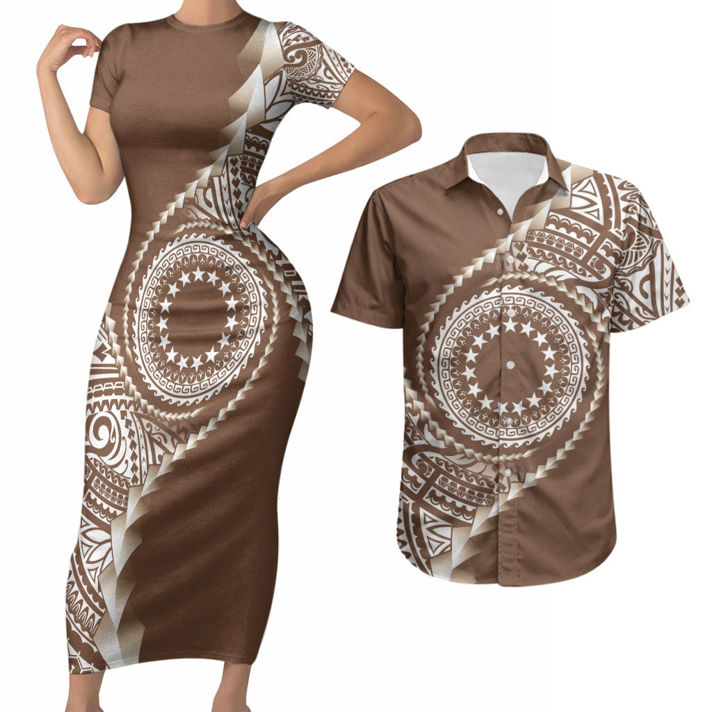 Cook Islands Gospel Day Couples Matching Short Sleeve Bodycon Dress and Hawaiian Shirt Brown Tribal Curves