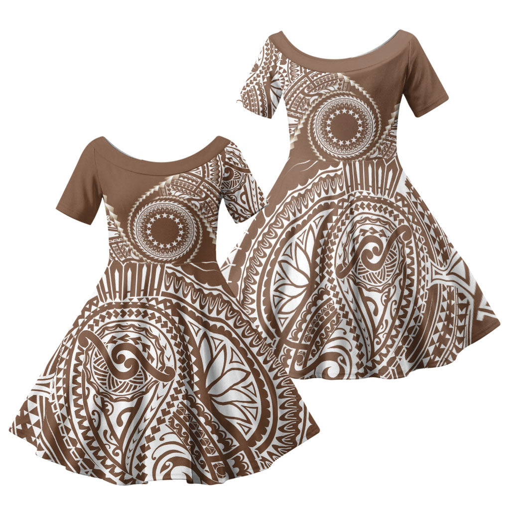 Cook Islands Gospel Day Family Matching Off The Shoulder Long Sleeve Dress and Hawaiian Shirt Brown Tribal Curves