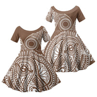 Cook Islands Gospel Day Family Matching Off Shoulder Maxi Dress and Hawaiian Shirt Brown Tribal Curves
