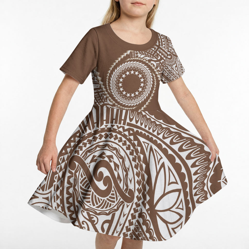 Cook Islands Gospel Day Kid Short Sleeve Dress Brown Tribal Curves
