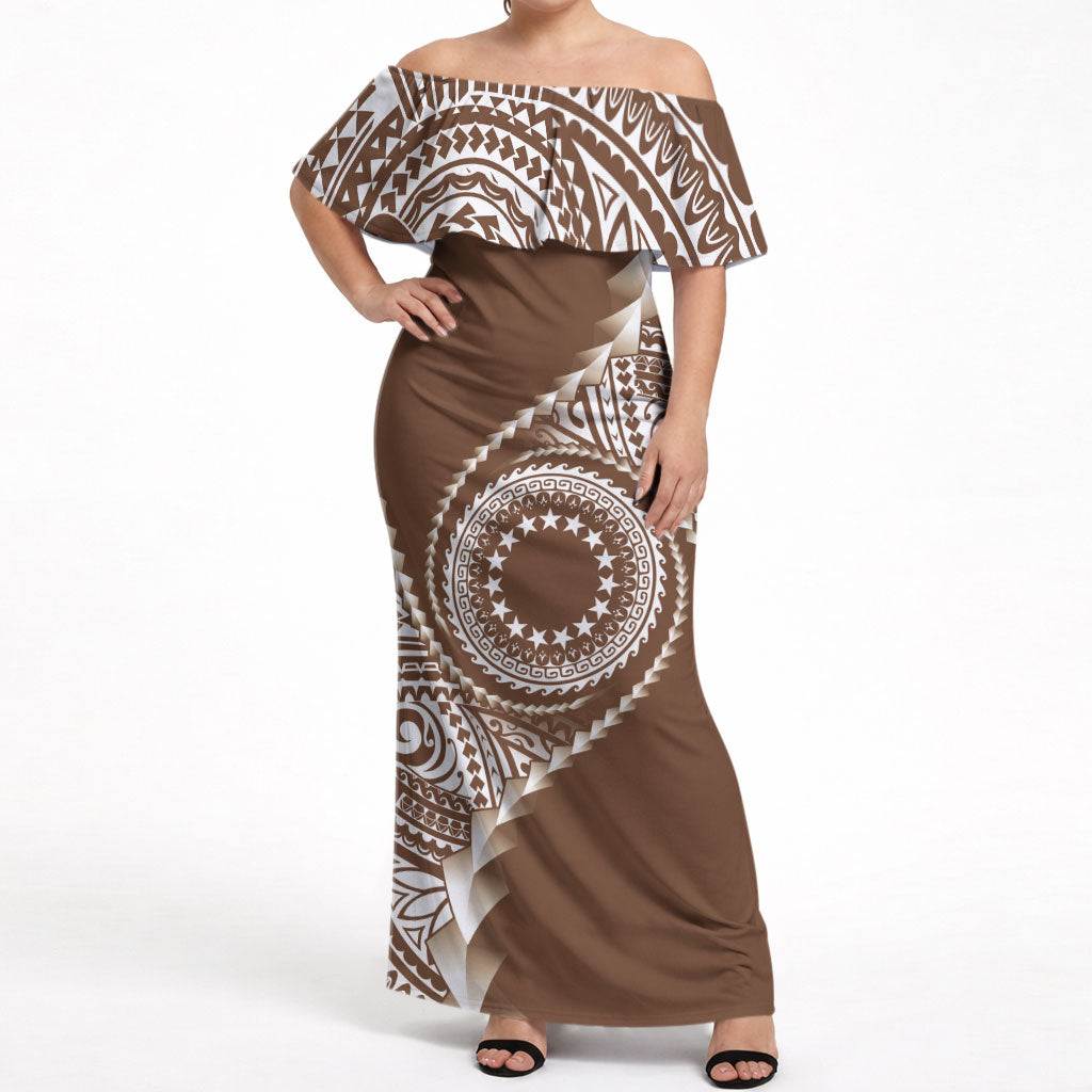 Cook Islands Gospel Day Off Shoulder Maxi Dress Brown Tribal Curves LT05 Women Brown - Polynesian Pride