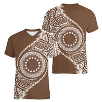 Cook Islands Gospel Day Women V-Neck T-Shirt Brown Tribal Curves