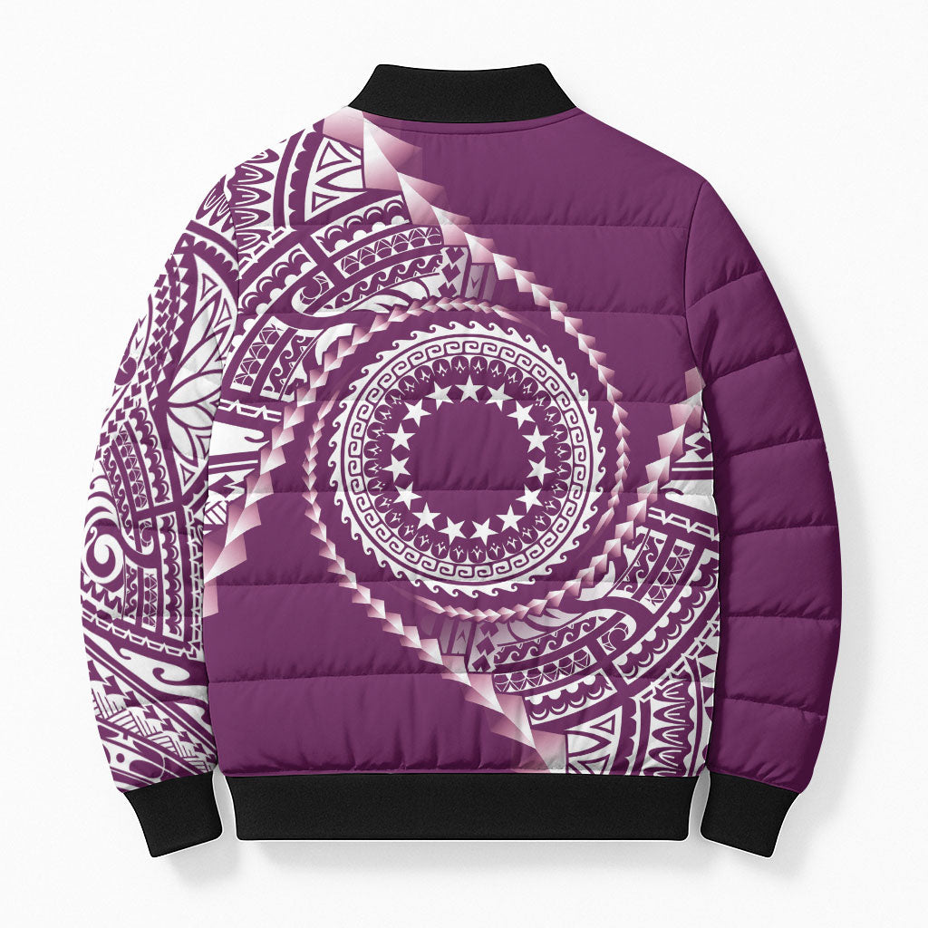Cook Islands Gospel Day Bomber Puffer Jacket Maroon Tribal Curves