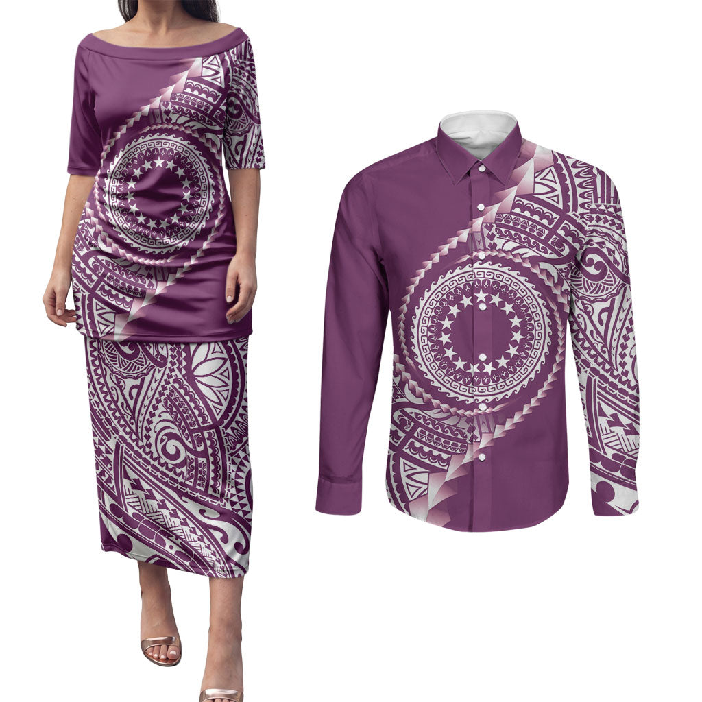 Cook Islands Gospel Day Couples Matching Puletasi and Long Sleeve Button Shirt Maroon Tribal Curves