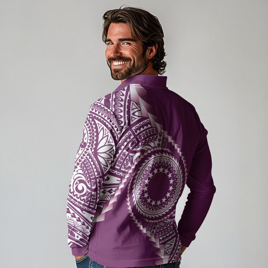 Cook Islands Gospel Day Long Sleeve Polo Shirt Maroon Tribal Curves