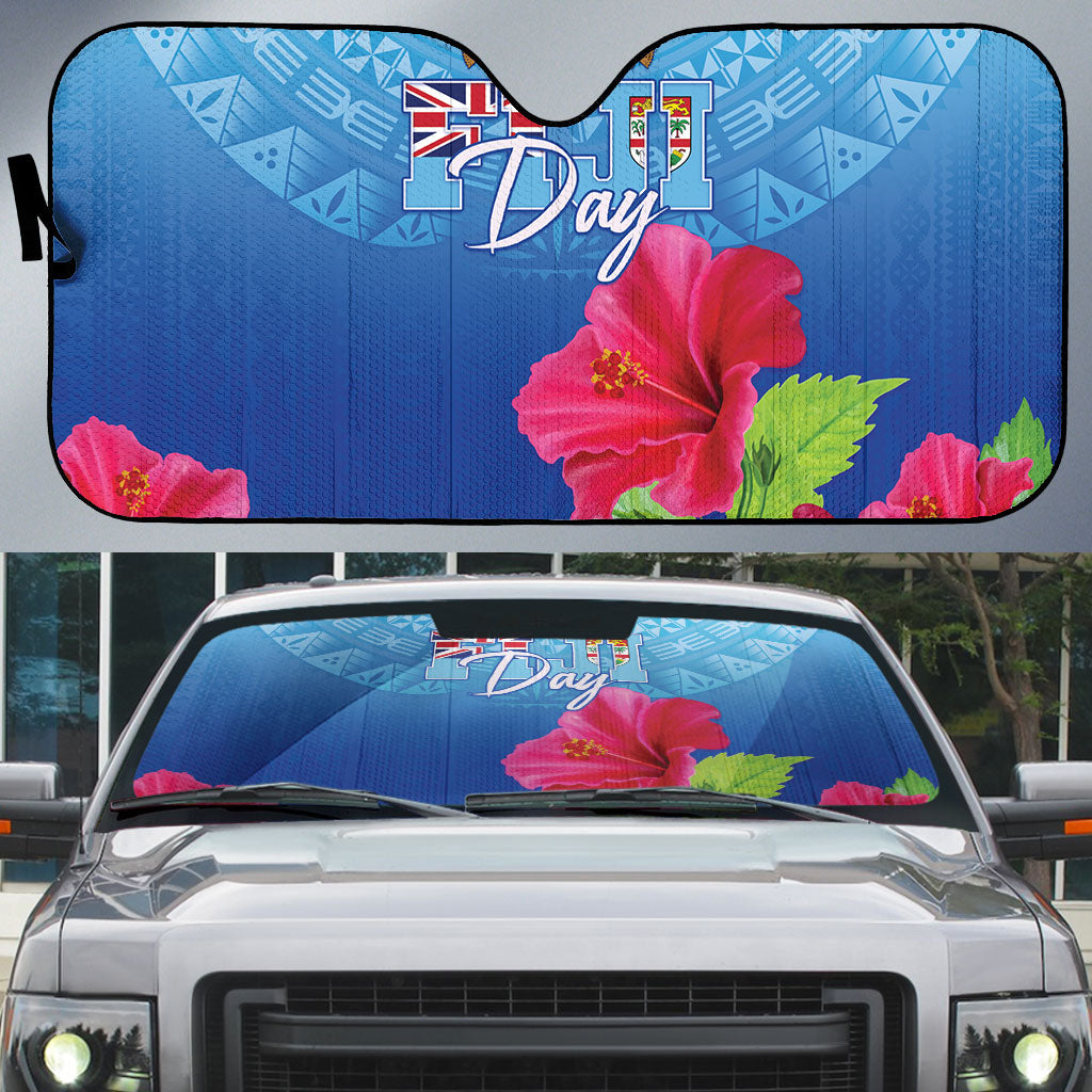 Bula Fiji Day Auto Sun Shade Traditional Tapa Pattern With Hibiscus LT05 Blue - Polynesian Pride