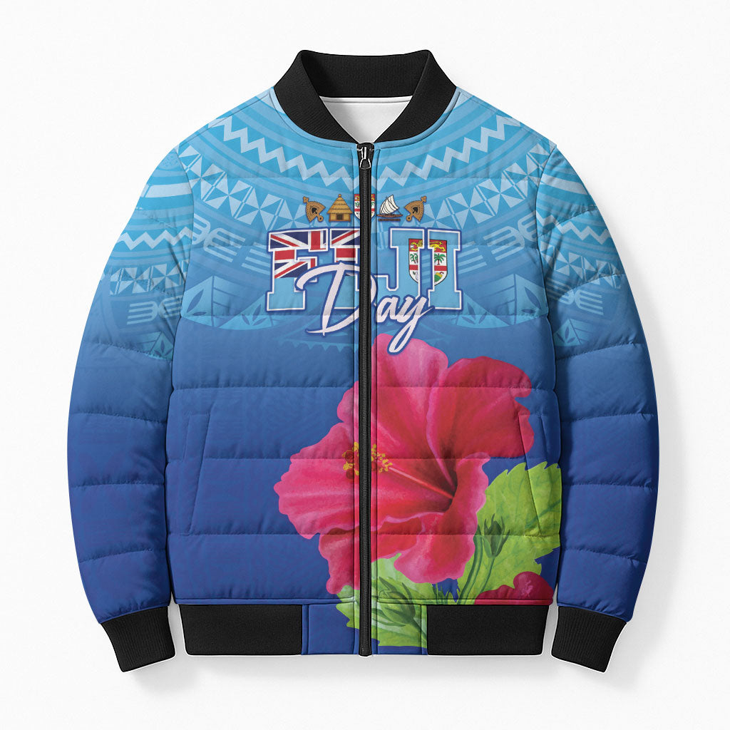 Bula Fiji Day Bomber Puffer Jacket Traditional Tapa Pattern With Hibiscus LT05 Unisex Blue - Polynesian Pride