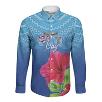 Bula Fiji Day Long Sleeve Button Shirt Traditional Tapa Pattern With Hibiscus LT05 Unisex Blue - Polynesian Pride