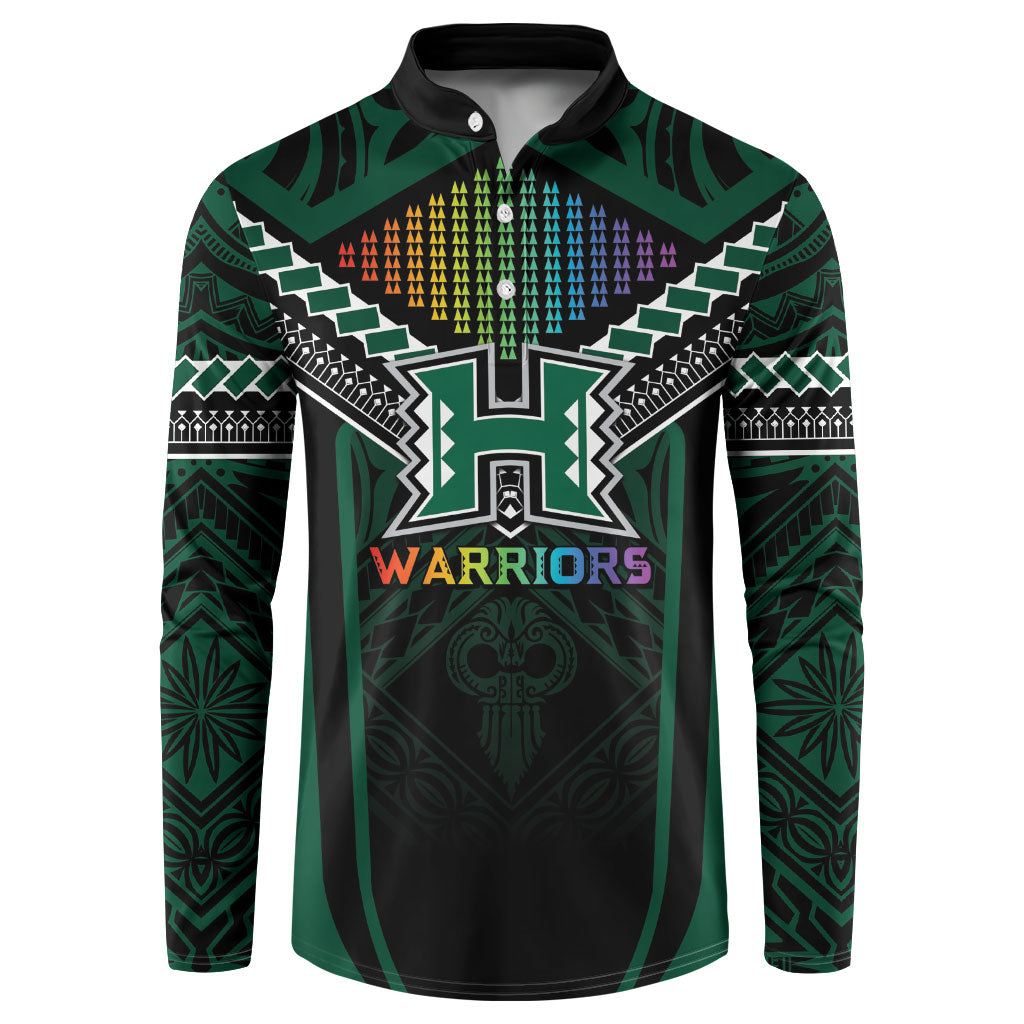 Custom Hawaii Warriors Football Button Sweatshirt Rainbow Kakau Pattern Black LT05 Black - Polynesian Pride