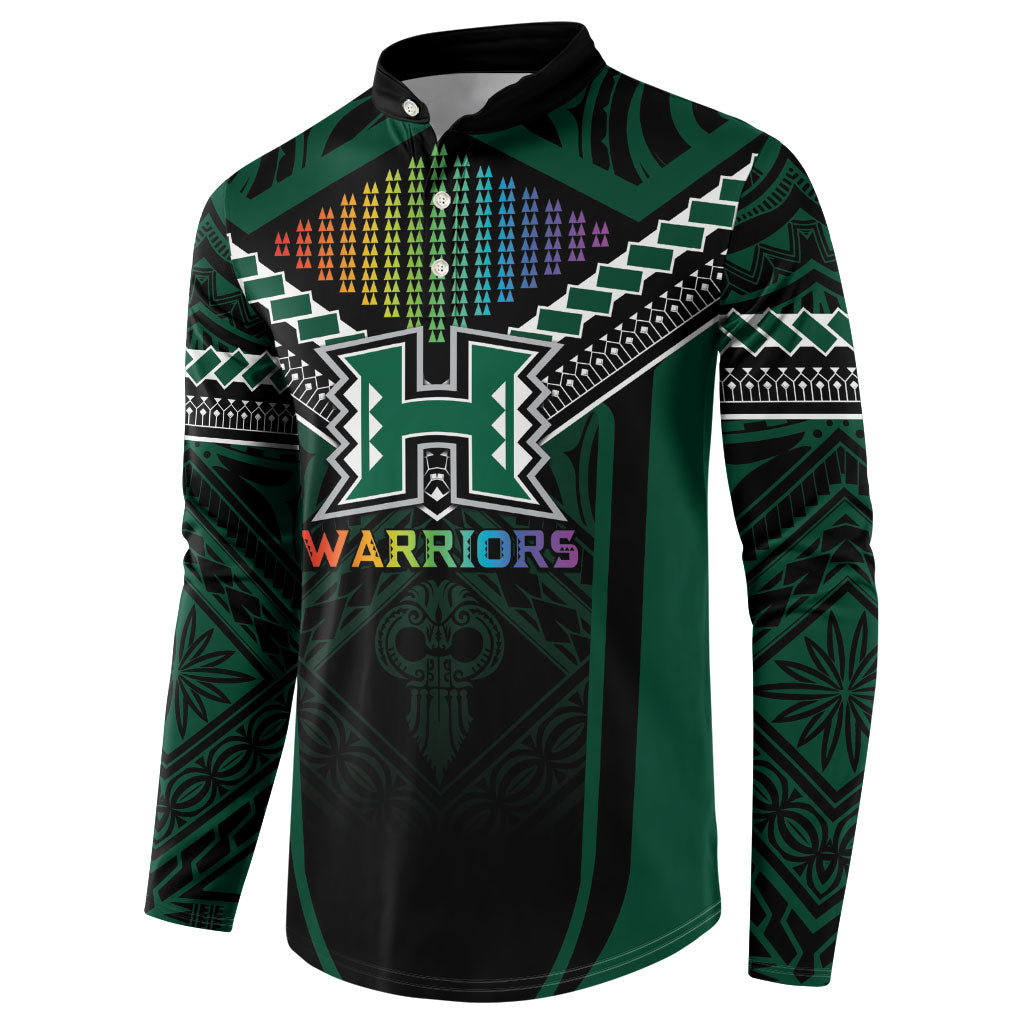 Custom Hawaii Warriors Football Button Sweatshirt Rainbow Kakau Pattern Black LT05 - Polynesian Pride