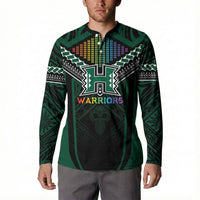 Custom Hawaii Warriors Football Button Sweatshirt Rainbow Kakau Pattern Black LT05 - Polynesian Pride