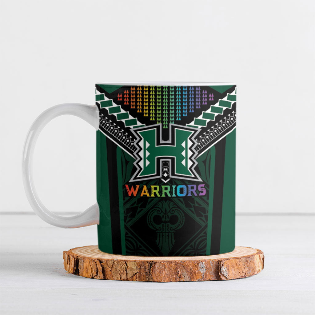 Custom Hawaii Warriors Football Ceramic Mug Rainbow Kakau Pattern Black LT05 Black - Polynesian Pride