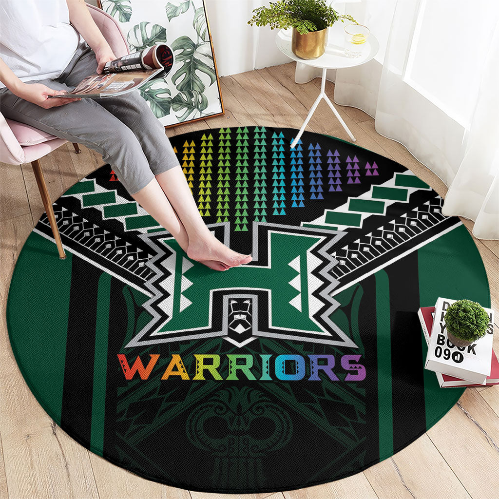 Hawaii Warriors Football Round Carpet Rainbow Kakau Pattern Black LT05 - Polynesian Pride