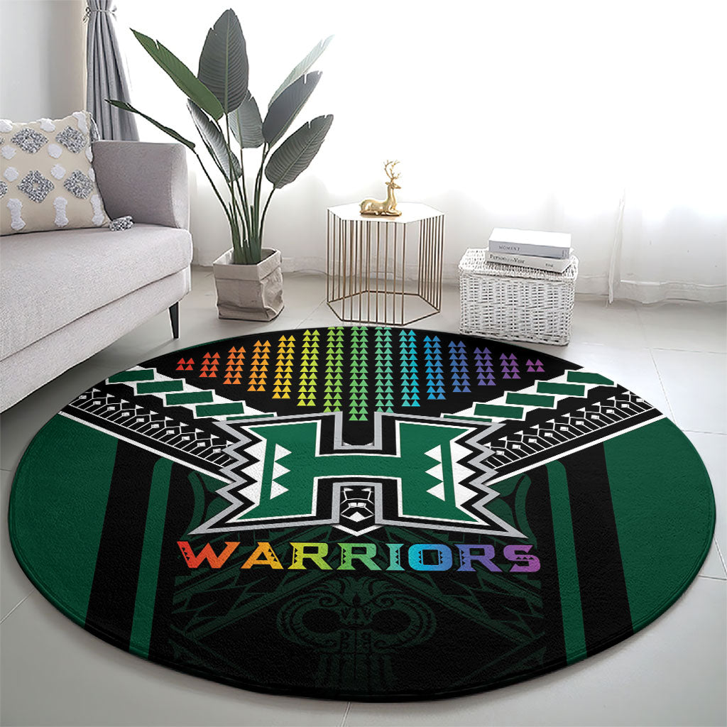 Hawaii Warriors Football Round Carpet Rainbow Kakau Pattern Black LT05 - Polynesian Pride
