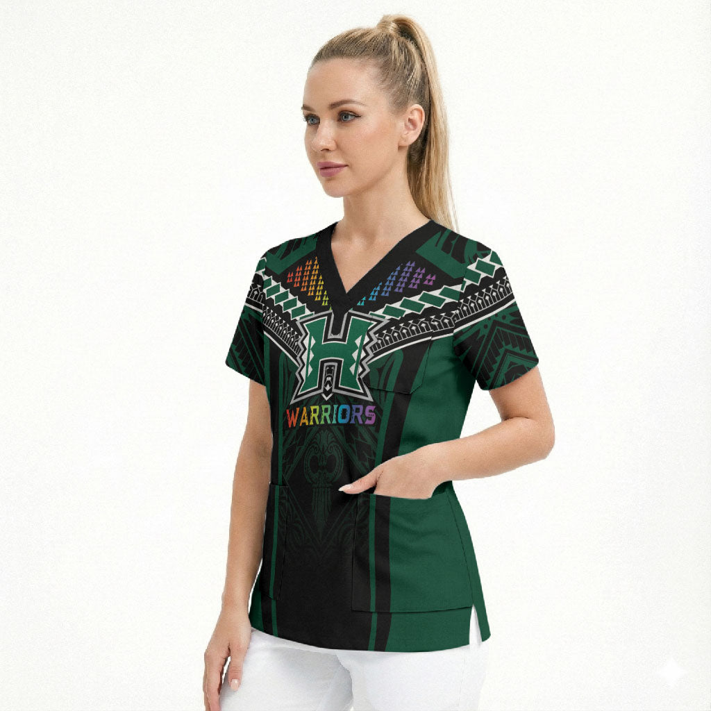 Custom Hawaii Warriors Football Scrub Top Rainbow Kakau Pattern Black LT05 - Polynesian Pride