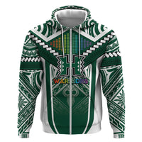 Custom Hawaii Warriors Football Zip Hoodie Rainbow Kakau Pattern Green LT05 Zip Hoodie Green - Polynesian Pride