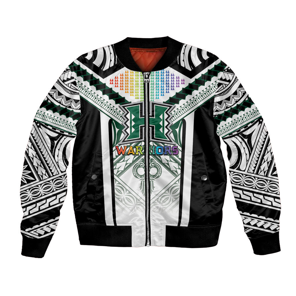 Custom Hawaii Warriors Football Bomber Jacket Rainbow Kakau Pattern White LT05 Unisex White - Polynesian Pride