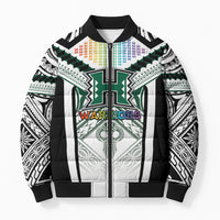 Custom Hawaii Warriors Football Bomber Puffer Jacket Rainbow Kakau Pattern White LT05 Unisex White - Polynesian Pride