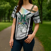 Custom Hawaii Warriors Football Cross Shoulder Shirt Rainbow Kakau Pattern White LT05 - Polynesian Pride