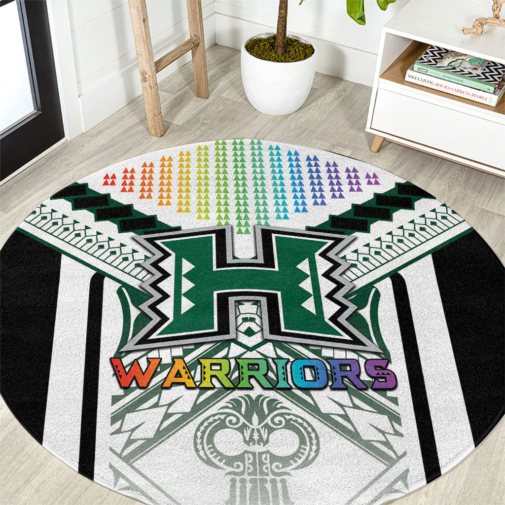 Hawaii Warriors Football Round Carpet Rainbow Kakau Pattern White LT05 White - Polynesian Pride