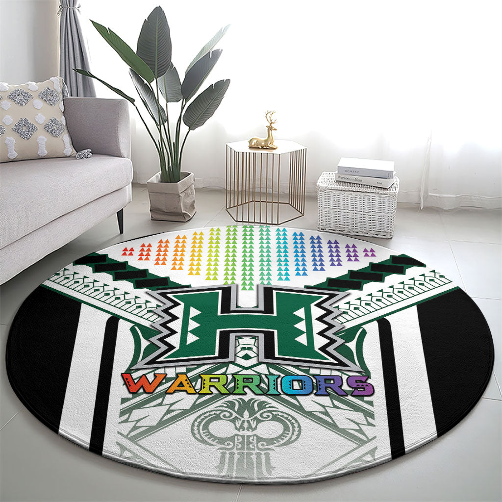 Hawaii Warriors Football Round Carpet Rainbow Kakau Pattern White LT05 - Polynesian Pride