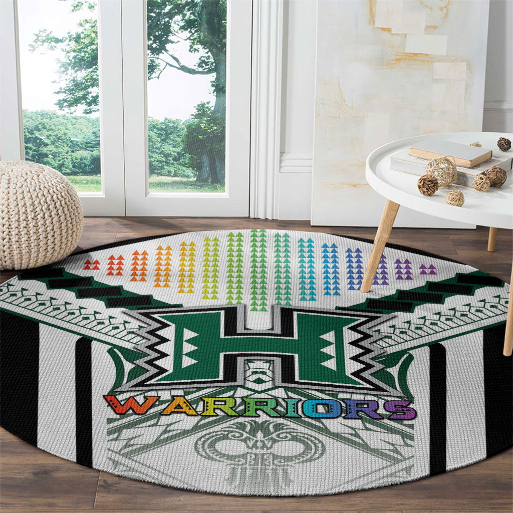 Hawaii Warriors Football Round Carpet Rainbow Kakau Pattern White LT05 - Polynesian Pride