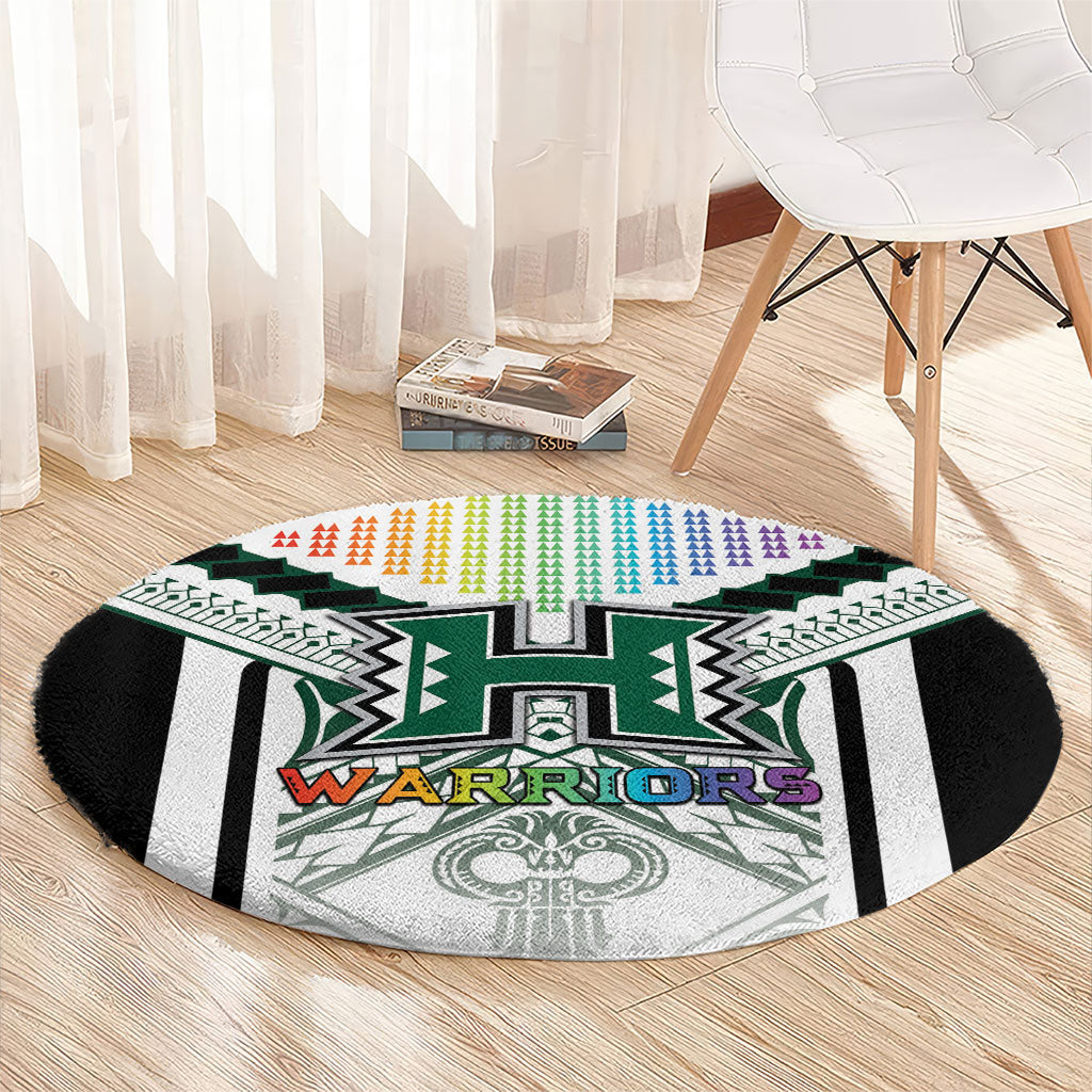 Hawaii Warriors Football Round Carpet Rainbow Kakau Pattern White LT05 - Polynesian Pride