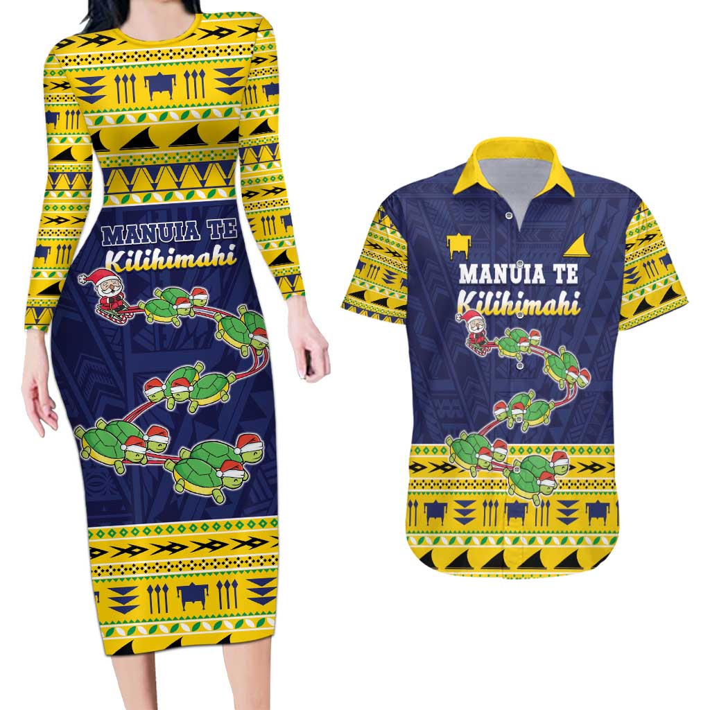 Tokelau Christmas Couples Matching Long Sleeve Bodycon Dress and Hawaiian Shirt Tokelauan Turtle Santa Sleigh