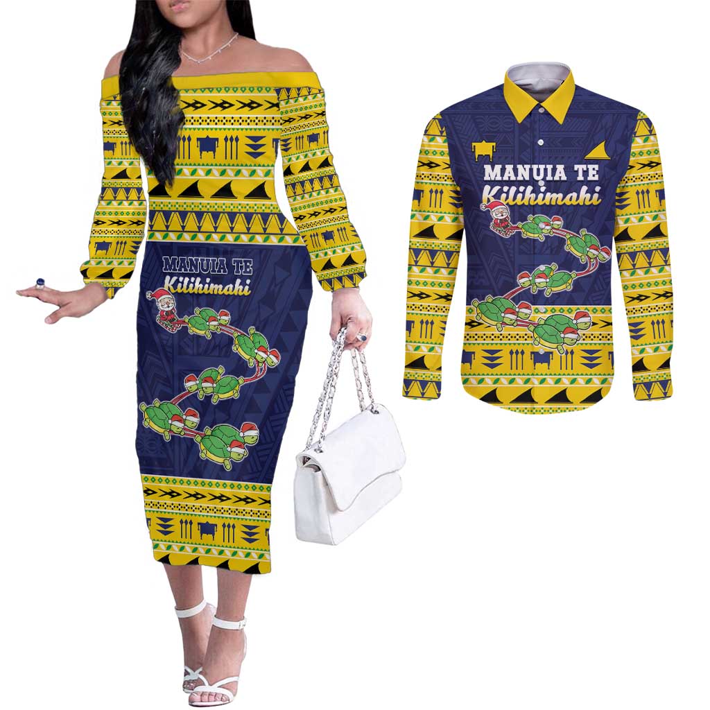 Tokelau Christmas Couples Matching Off The Shoulder Long Sleeve Dress and Long Sleeve Button Shirt Tokelauan Turtle Santa Sleigh