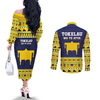 Tokelau Christmas Couples Matching Off The Shoulder Long Sleeve Dress and Long Sleeve Button Shirt Tokelauan Turtle Santa Sleigh