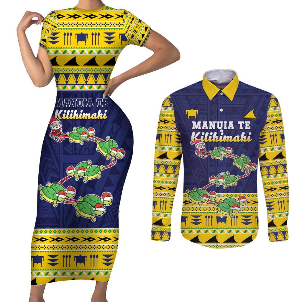 Tokelau Christmas Couples Matching Short Sleeve Bodycon Dress and Long Sleeve Button Shirt Tokelauan Turtle Santa Sleigh