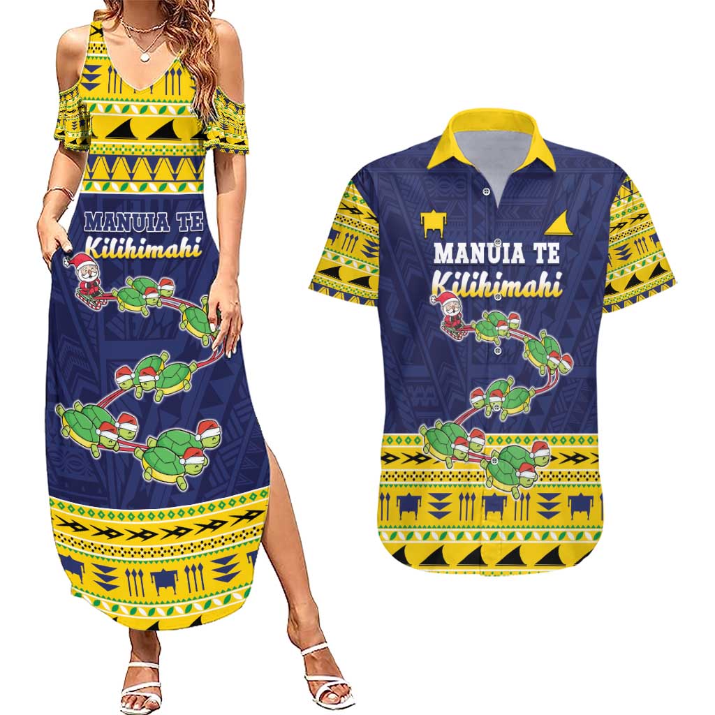 Tokelau Christmas Couples Matching Summer Maxi Dress and Hawaiian Shirt Tokelauan Turtle Santa Sleigh