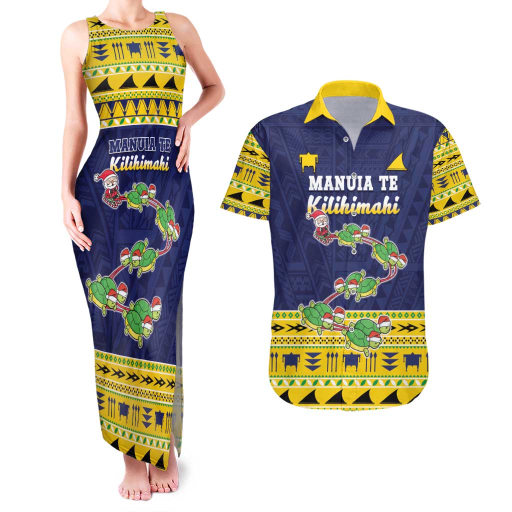 Tokelau Christmas Couples Matching Tank Maxi Dress and Hawaiian Shirt Tokelauan Turtle Santa Sleigh